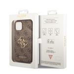 Guess PU 4G Kovový zadný kryt s logom pre iPhone 15 Brown