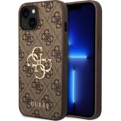 Guess PU 4G Kovový zadný kryt s logom pre iPhone 15 Brown