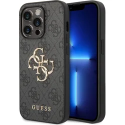Guess PU 4G Kovový zadný kryt s logom pre iPhone 15 Pro Grey