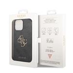 Guess PU 4G Kovový zadný kryt s logom pre iPhone 15 Pro Max Grey