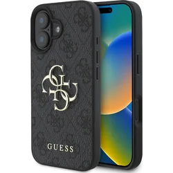 Guess PU 4G Kovový zadný kryt s logom pre iPhone 16 Grey