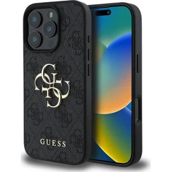 Guess PU 4G Kovový zadný kryt s logom pre iPhone 16 Pro Grey