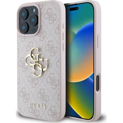 Guess PU 4G Kovový zadný kryt s logom pre iPhone 16 Pro Pink