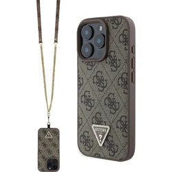 Guess PU 4G štrasový trojuholník s kovovým logom Zadný kryt + popruh na nosenie pre iPhone 16 Pro Max Brown