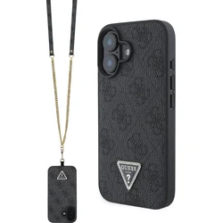 Guess PU 4G štrasový trojuholník s kovovým logom Zadný kryt + popruh pre iPhone 16 Black