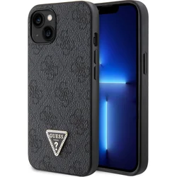 Guess PU 4G štrasový trojuholník s kovovým logom Zadný kryt pre iPhone 15 Black
