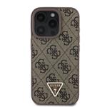 Guess PU 4G štrasový trojuholník s kovovým logom Zadný kryt pre iPhone 16 Pro Brown