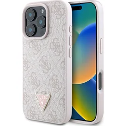 Guess PU 4G štrasový trojuholník s kovovým logom Zadný kryt pre iPhone 16 Pro Max Pink