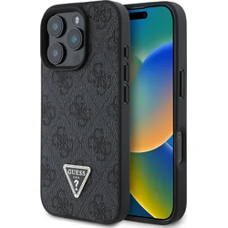 Guess PU 4G Strass Triangle Metal Logo Zadný kryt pre iPhone 16 Pro Black
