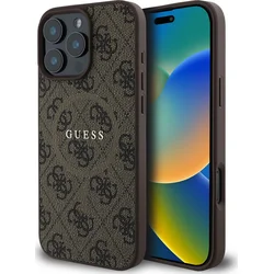 Guess PU Leather 4G Colored Ring MagSafe Zadní Kryt pro iPhone 16 Pro Brown