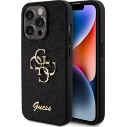 Guess PU Pevný zadný kryt s kovovým logom 4G Glitter pre iPhone 15 Pro Black