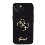 Guess PU pevný zadný kryt s kovovým logom 4G s trblietkami pre iPhone 15 Black
