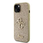 Guess PU pevný zadný kryt s kovovým logom 4G s trblietkami pre iPhone 15 Gold