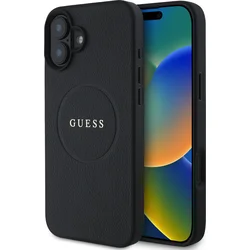 Guess PU zrnitý klasický zadný kryt MagSafe s logom pre iPhone 16 Plus Black