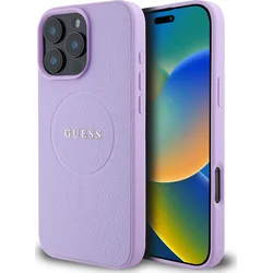Guess PU zrnitý klasický zadný kryt MagSafe s logom pre iPhone 16 Pro Max Purple