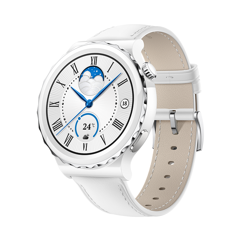 Huawei Watch GT3 Pro 43 mm, strieborný rámček, biele keramické puzdro, biely kožený remienok