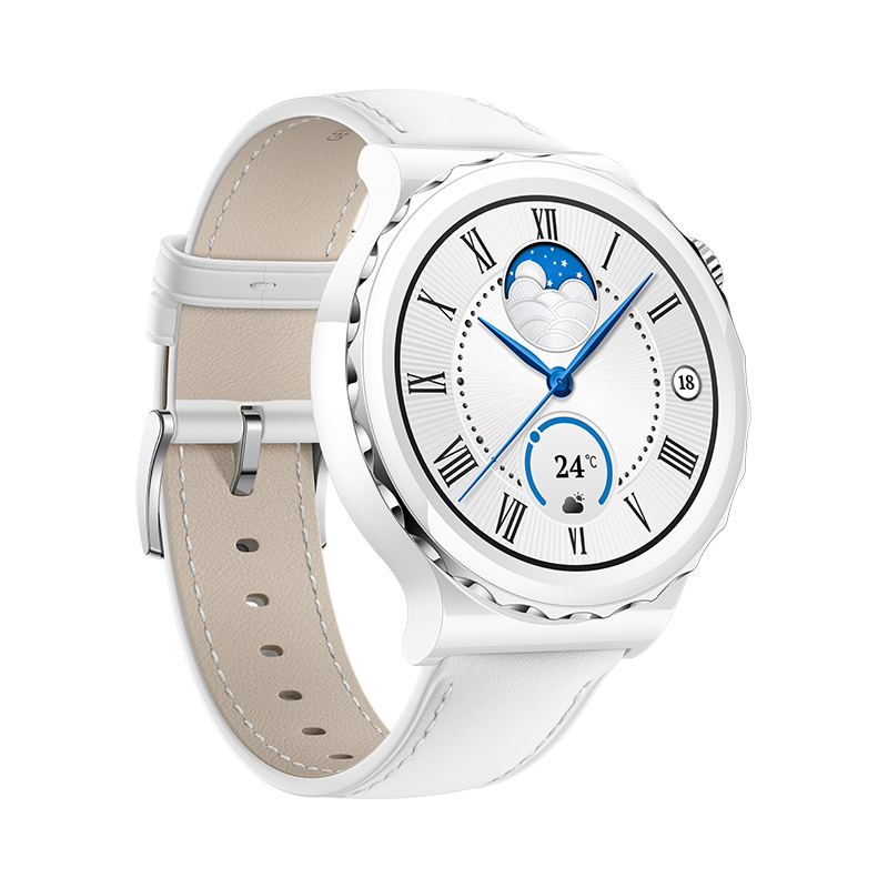 Huawei Watch GT3 Pro 43 mm, strieborný rámček, biele keramické puzdro + biely kožený remienok
