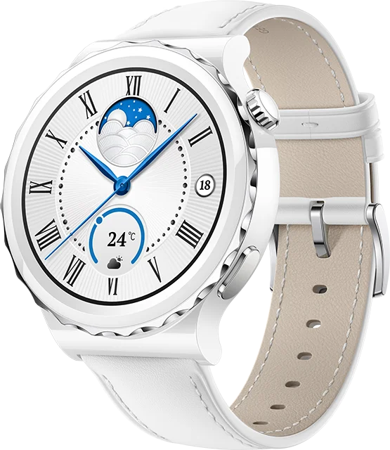 Huawei Watch GT3 Pro 43 mm, strieborný rámček, biele keramické puzdro + biely kožený remienok