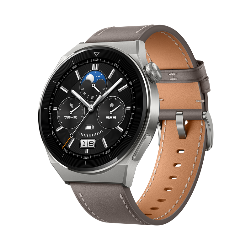 Huawei Watch GT3 Pro 46 mm, Light Titanium Case + Gray Leather Strap