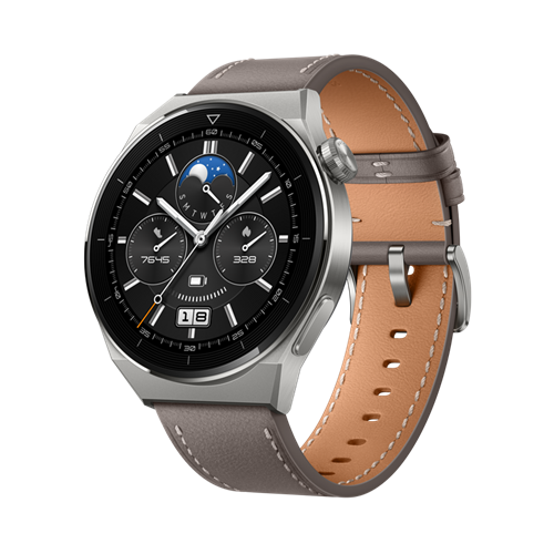Huawei Watch GT3 Pro 46 mm, puzdro z ľahkého titánu, sivý kožený remienok