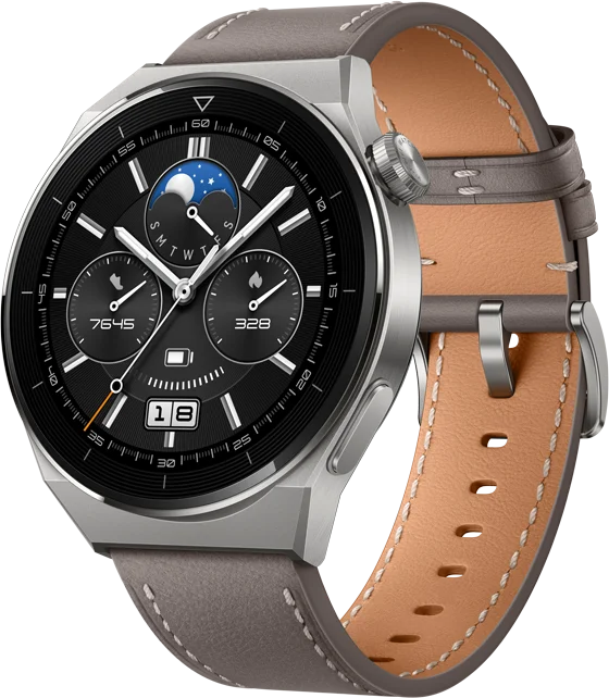 Huawei Watch GT3 Pro 46 mm, puzdro z ľahkého titánu, sivý kožený remienok