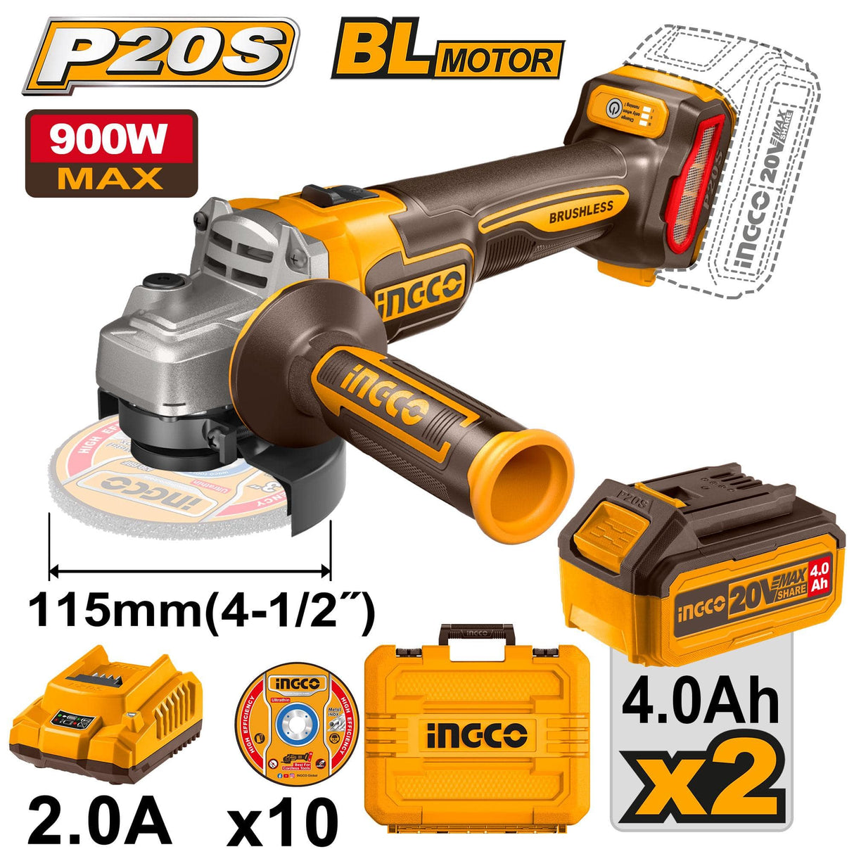 Ingco CAGLI211542 AKU úhlová bruska 115mm vč. 2ks baterie a nabíječky