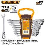 Ingco HKSPAR1083 Klíč očkoplochý račnový CrMo 8-19mm 8ks, CrV