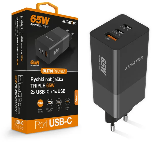 Inteligentná sieťová nabíjačka ALIGATOR GaN, Power Delivery 65 W, 2xUSB-C, 1xUSB-A, čierna
