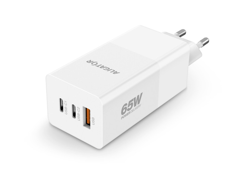 Inteligentná sieťová nabíjačka ALIGATOR GaN, Power Delivery 65W, 2xUSB-C, 1xUSB-A, biela