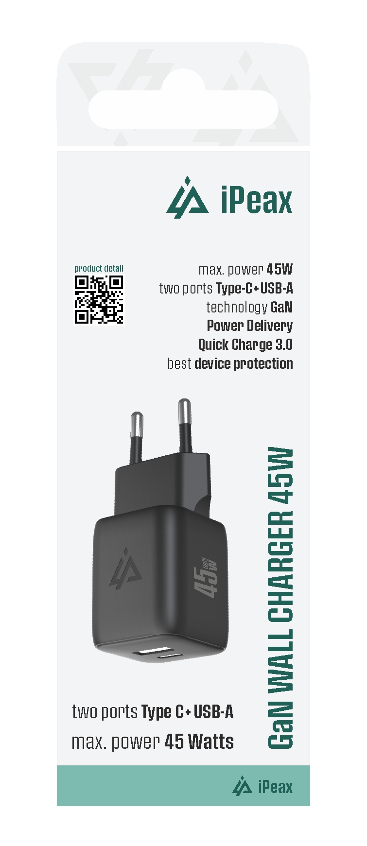 iPEAX GaN sieťová nabíjačka 45 W (USB-C + USB-A), čierna