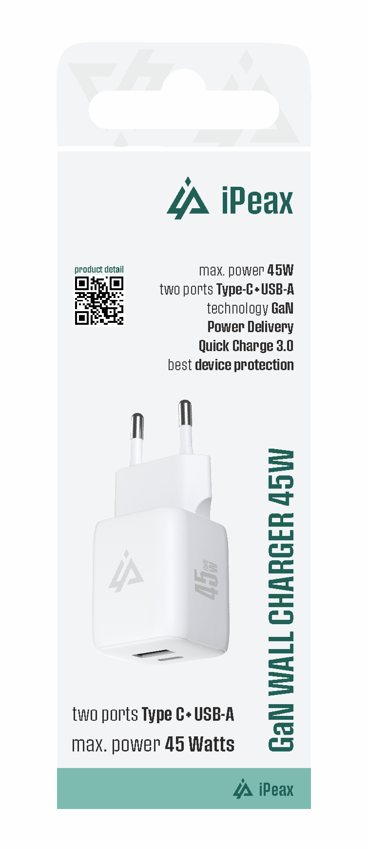 iPEAX GaN síťová nabíječka 45 W (USB-C + USB-A), bílá
