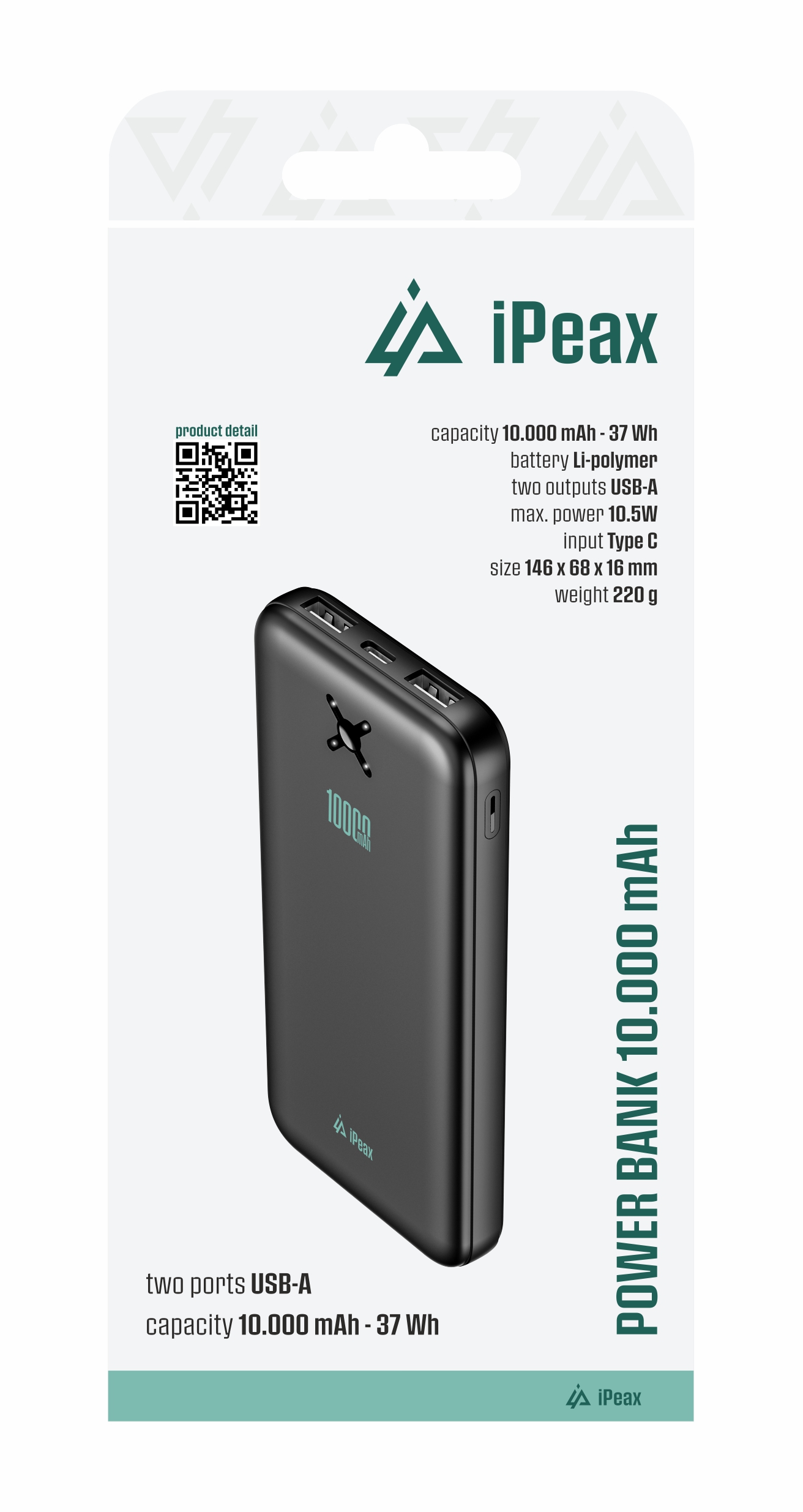 iPEAX POWER BANK 10000 mAh, 10,5 W, 2x USB-A ČIERNA