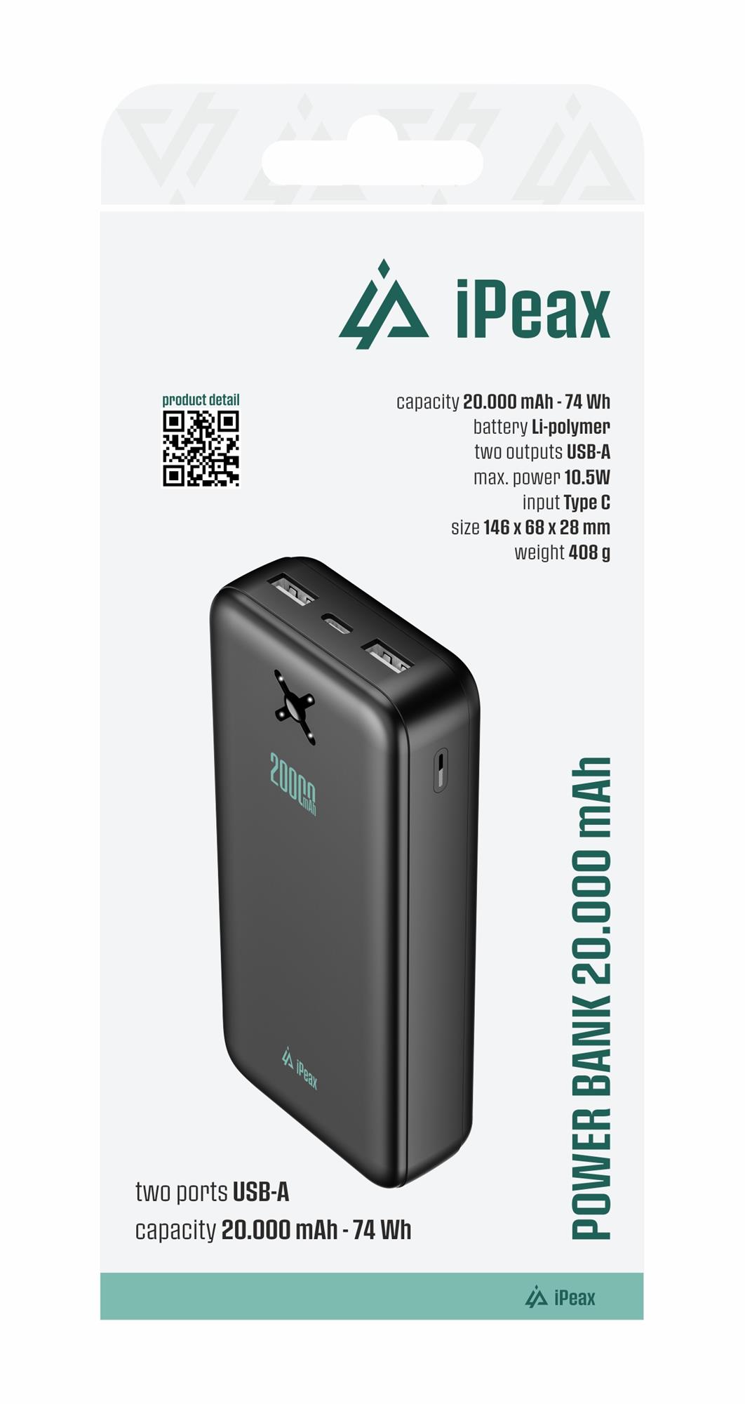 iPEAX POWER BANK 20000 mAh, 10,5 W, 2x USB-A ČIERNA