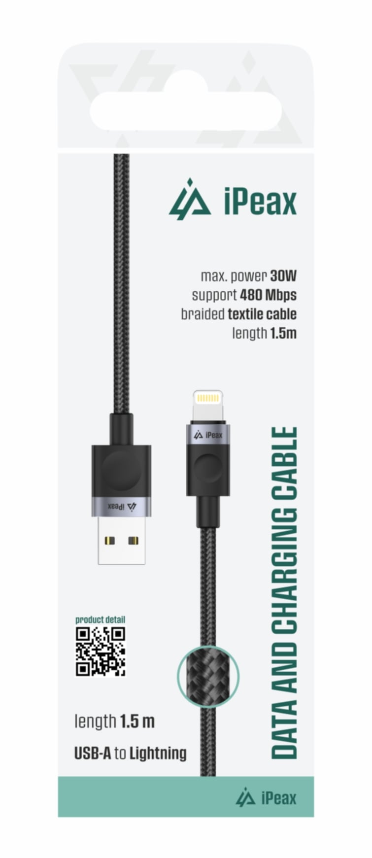 iPEAX textilní kabel USB-A / Lightning 1,5 m, USB 2.0, černý