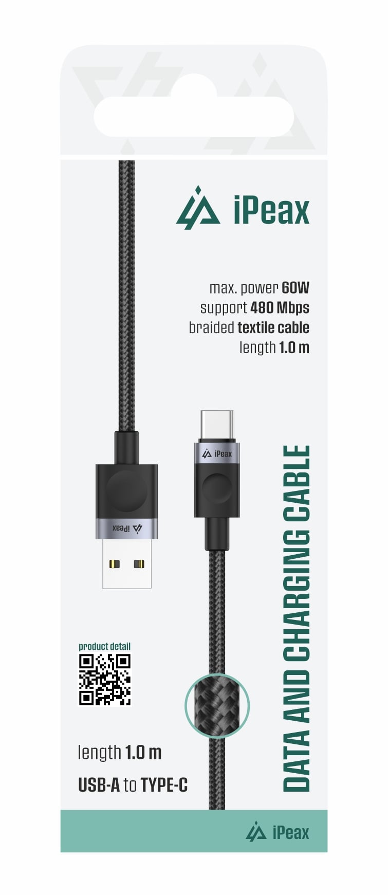 iPEAX textilný kábel USB-A / USB-C 1 m, USB 2.0, čierny