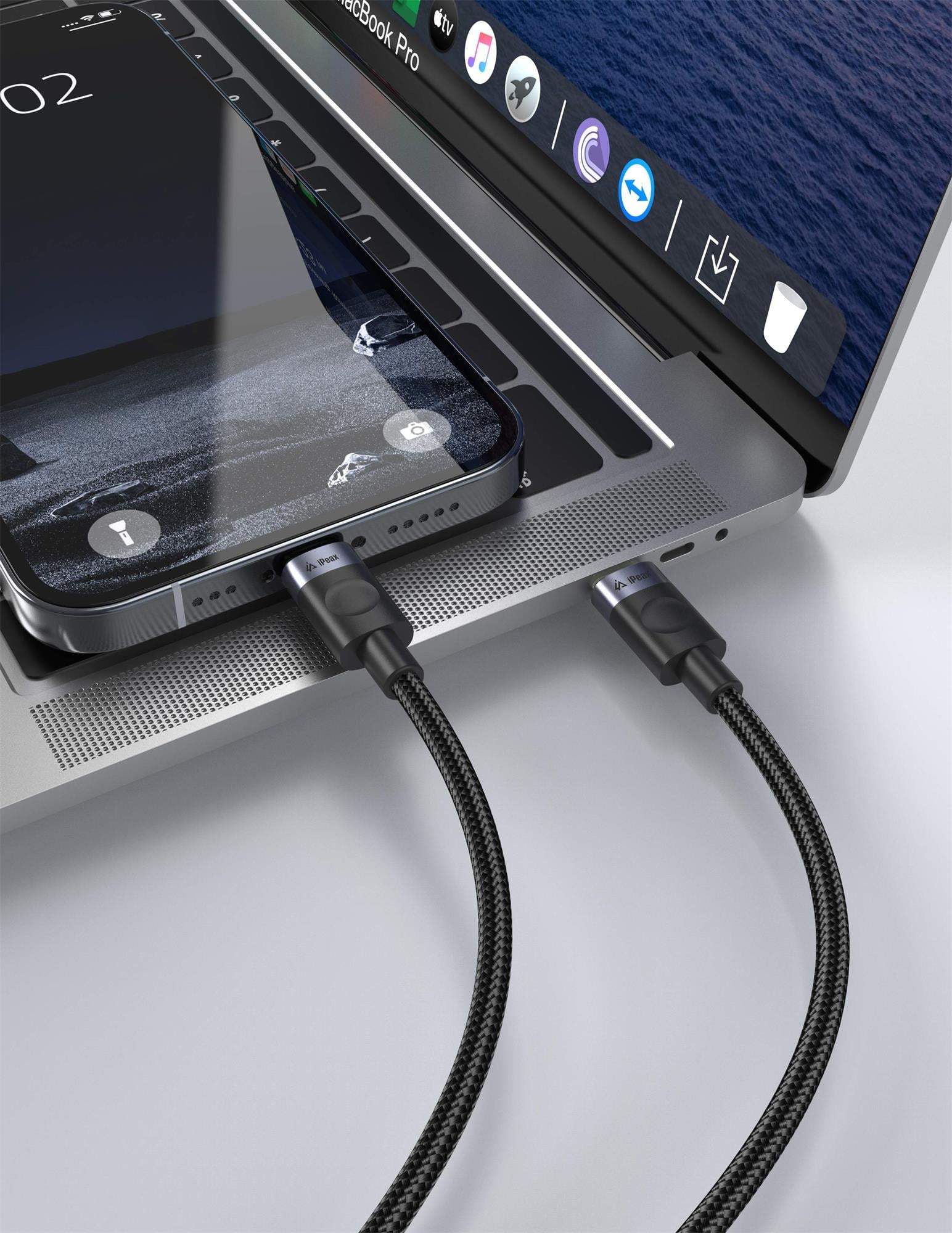 iPEAX textilný kábel USB-C / Lightning 1,5 m, USB 2.0, čierny