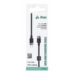 iPEAX TEXTILNÝ KÁBEL USB-C / LIGHTNING 1M, USB 2.0 ČIERNY