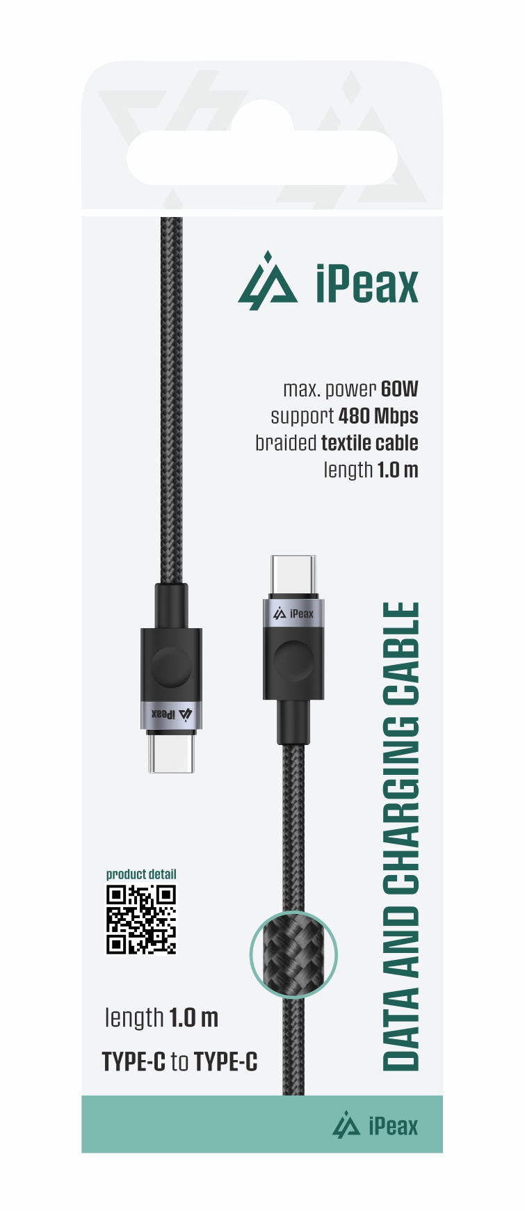 iPEAX textilný kábel USB-C / USB-C 1 m, USB 2.0, čierny