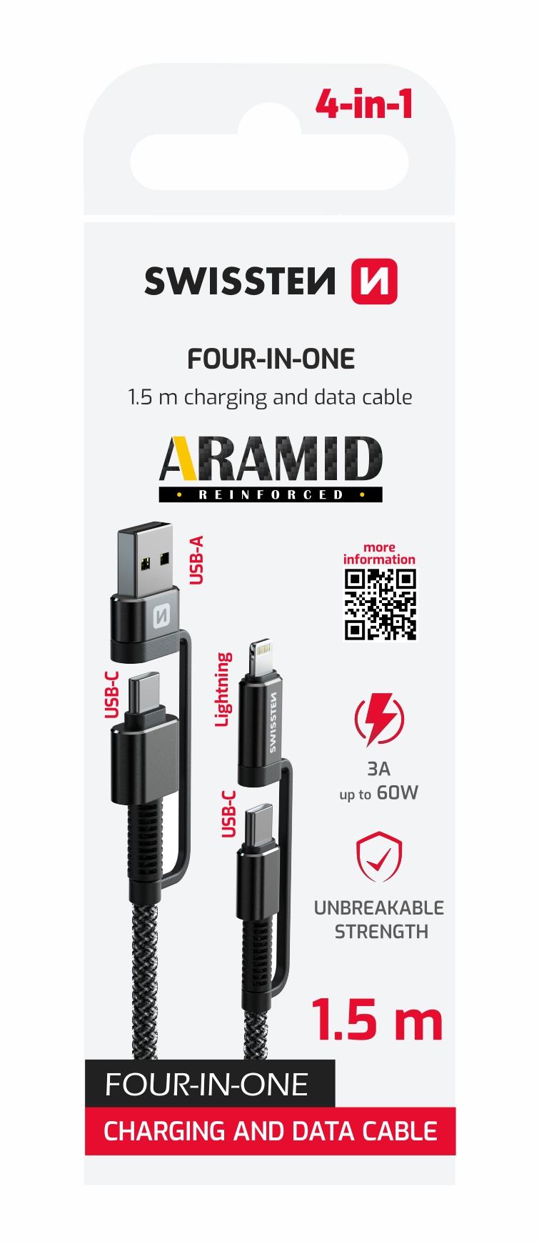 Kábel Swissten Aramid 4 v 1, 1,5 m, antracit