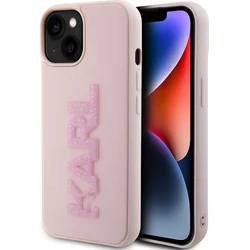 Karl Lagerfeld 3D gumový zadný kryt s trblietavým logom Karl pre iPhone 15 Pink