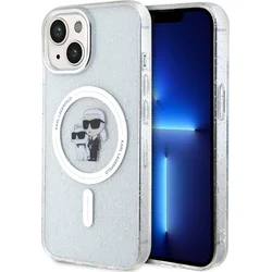 Karl Lagerfeld IML Glitter Karl and Choupette Zadný kryt MagSafe pre iPhone 15 Transparent