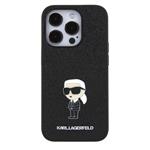 Karl Lagerfeld Pevný kovový zadný kryt Ikonik s trblietkami pre iPhone 15 Pro Black