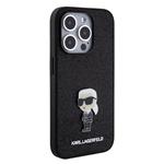 Karl Lagerfeld Pevný kovový zadný kryt Ikonik s trblietkami pre iPhone 15 Pro Black