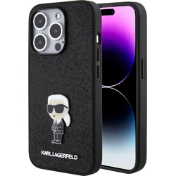 Karl Lagerfeld Pevný kovový zadný kryt Ikonik s trblietkami pre iPhone 15 Pro Black