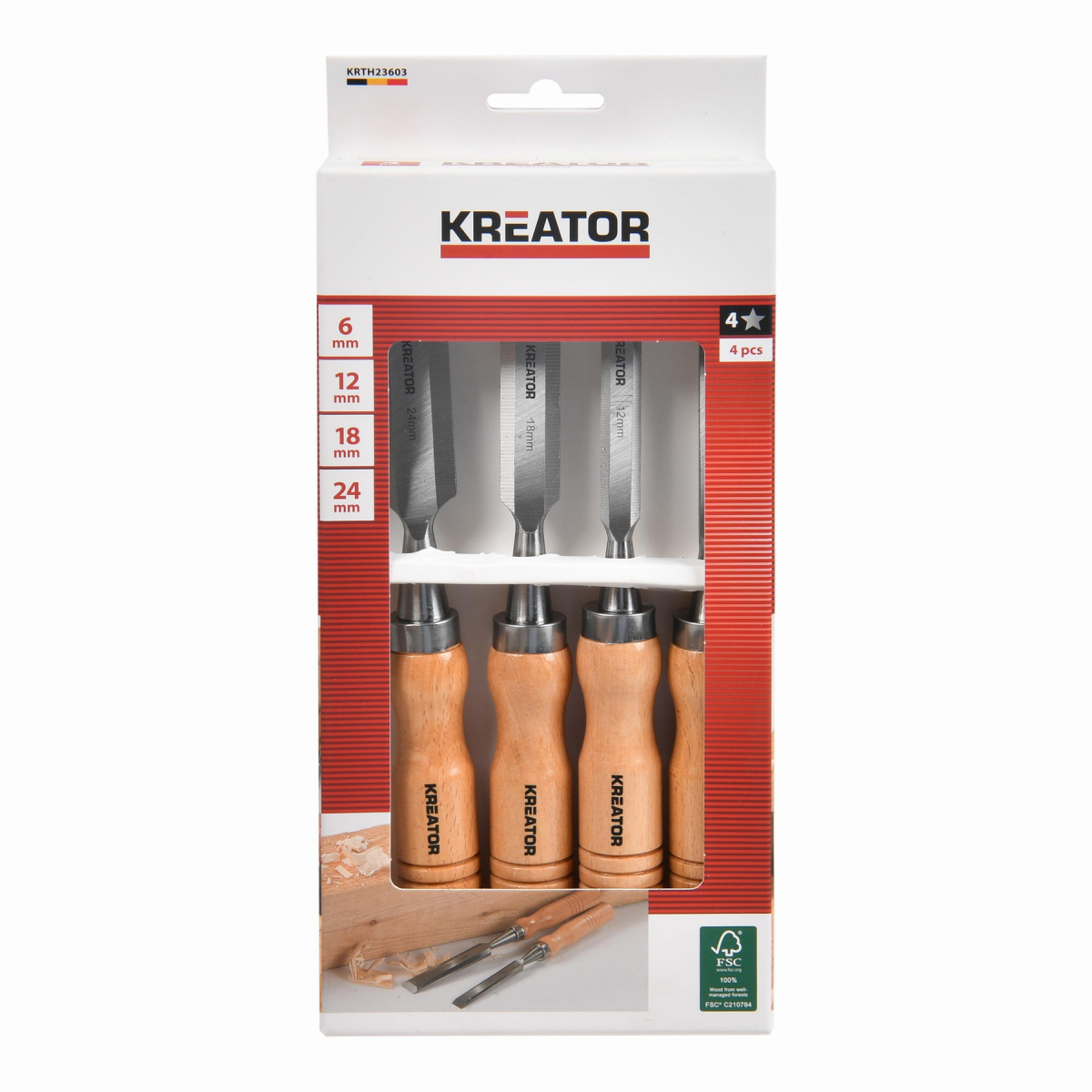 Kreator KRTH23603 - Sada dlát na drevo 6, 12, 18, 24mm 4ks drevená rukoväť