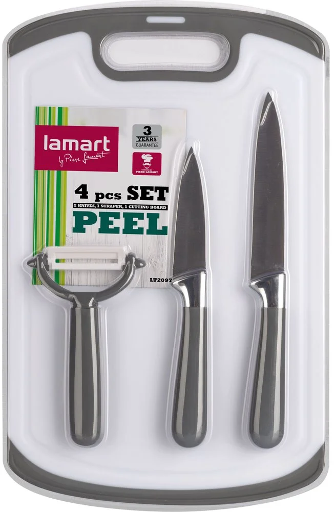 Lamart LT2097 4-dielna súprava nožov, škrabiek a dosiek na krájanie PEEL