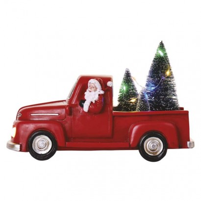 LED dekorácia - Santa v aute s vianočnými stromčekmi, 10 cm, 3x AA, vnútorná, viacfarebná