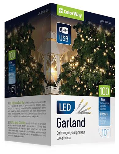 LED reťaz ColorWay / vnútorná / 100 LED diód / dĺžka 10 m / teplá biela / 8 funkcií / napájanie cez USB