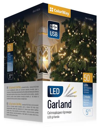 LED reťaz ColorWay / vnútorná / 50 LED diód / dĺžka 5 m / teplá biela / 8 funkcií / napájanie cez USB
