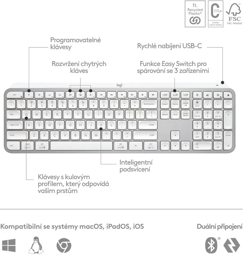 Logitech MX Keys S pre Mac, svetlošedá – CZ/SK